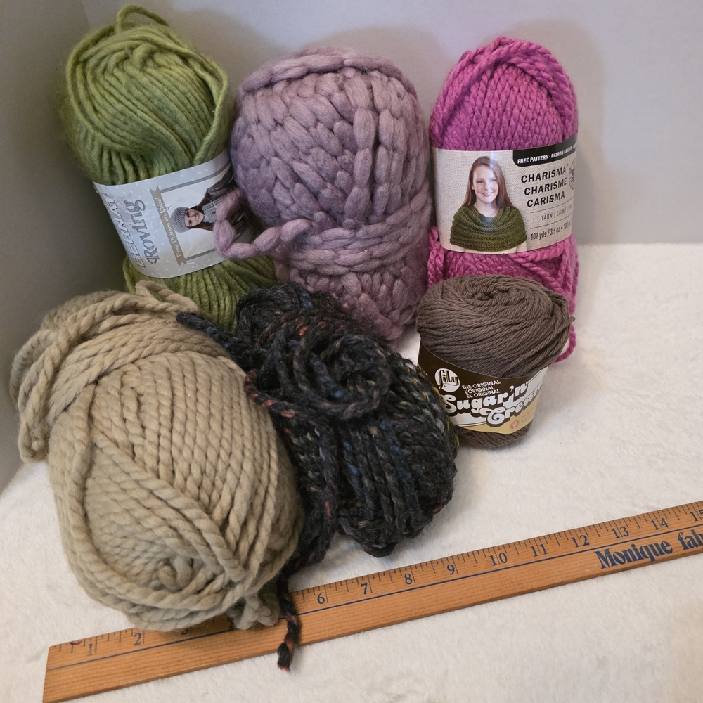 Assorted Yarn‎ Bundle 6 Various Colors in Green, Purple, Pink, Beige, & Brown